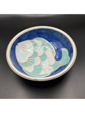 Vintage Japanese Mino Ware Ceramic Bowl Hand-Painted Fish  Blue & White Glaze